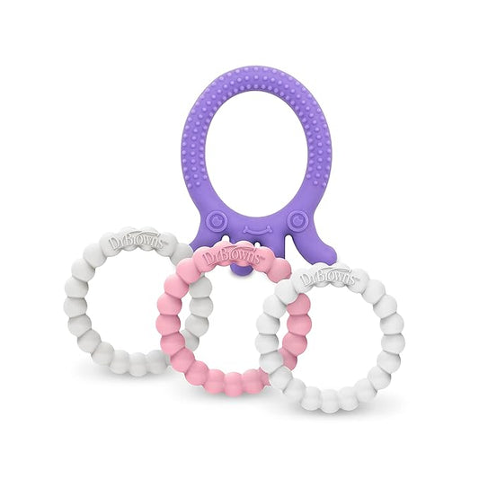 Dr. Brown's Flexees Friends Silicone Teether Purple Octopus Dr. Brown’s Flexees Beaded Teether Rings,100% Silicone Self-Soothe,3 Pack, 3m+