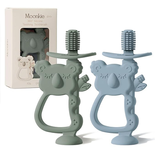 Moonkie Teething Toy Set of 2, Safe & Easy to Hold BPA Free Silicone Teethers 360Â° Baby 6-12 Months