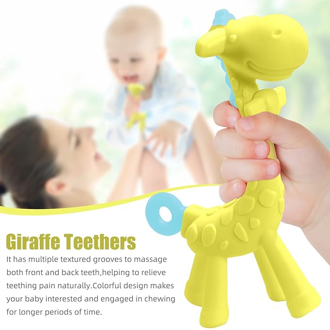 SHARE&CARE BPA Free Silicone Giraffe Baby Teether Toy with Storage Case, for 3 Months Above Infant Sore Gums Pain Relief and Baby Shower
