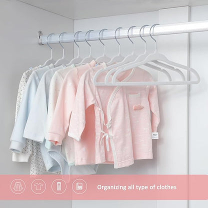 ManGotree 10.95" Baby Velvet Hangers, Non-Slip Infant Coat Hangers, Ultra-Thin Toddler Felt Hangers with 360° Swivel Hook, Space Saving Children's Hangers for Kids Clothes, 48 Pack (White)