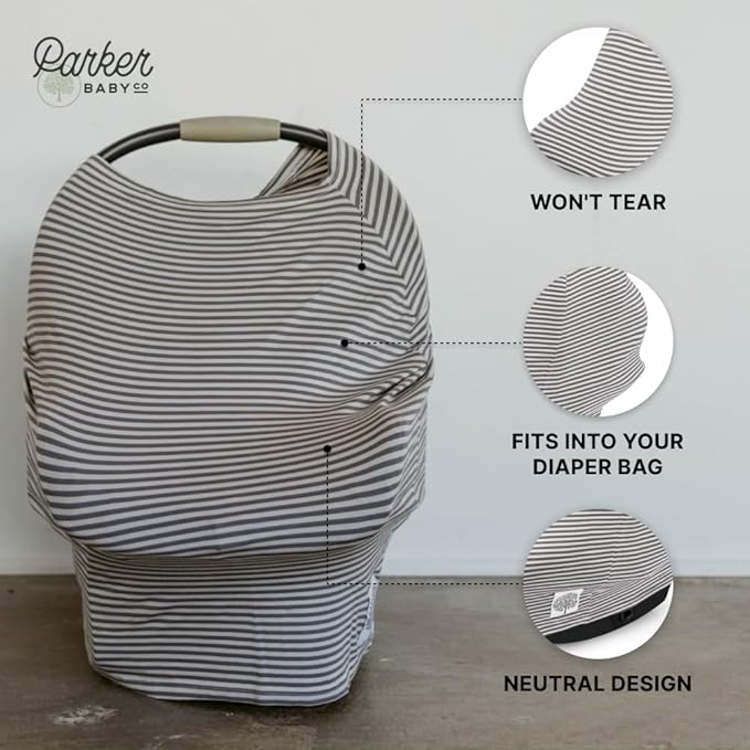 Parker Baby 4 in 1 Car Seat Cover for Girls and Boys - Stretchy Carseat Canopy, Nursing Cover, Grocery Cart Cover, High Chair Cover - “Pewter/Snow Stripes”