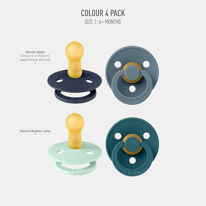 BIBS Pacifiers - Colour 4 Pack | Round Nipple Baby Pacifier 6-18 Months