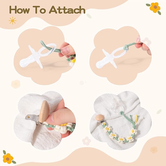 Pacifier Clip for Boys Girls Flower Daisy Macrame Pacifier Holder