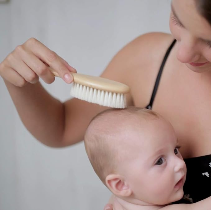 Chibello Baby Hair Care Set - 4 Piece Wooden Brush and Comb Set with Natural Goat Bristles, Ideal for Preventing Cradle Cap, Perfect for Baby Shower and Registry