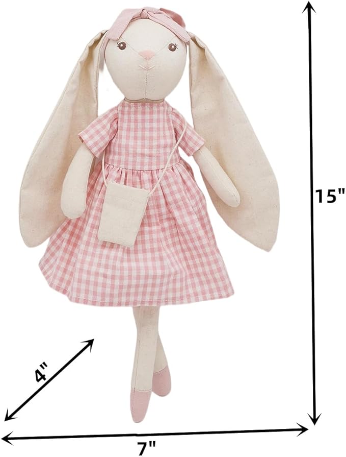 15" Bunny Stuffed Animal for Girls, Plush Toy Doll -Wearing Pink Plaid Dress 3 4 5 Year