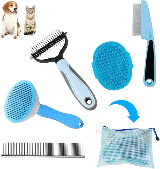 Dog Brush Dog Grooming Kit 5PCS - Dog Brushes for Grooming, Dog Brush for Shedding,Puppy Brush and Flea Comb for Dogs, Slicker Brush for Dogs Comb and Dog Hair Brush Set Blue