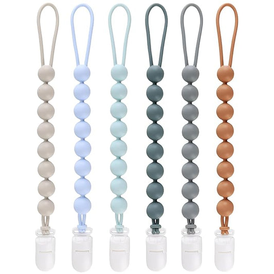 6-Pack Silicone Pacifier Clips for Baby Boys and Girls - One-Piece Beads, Rust-Free Holders