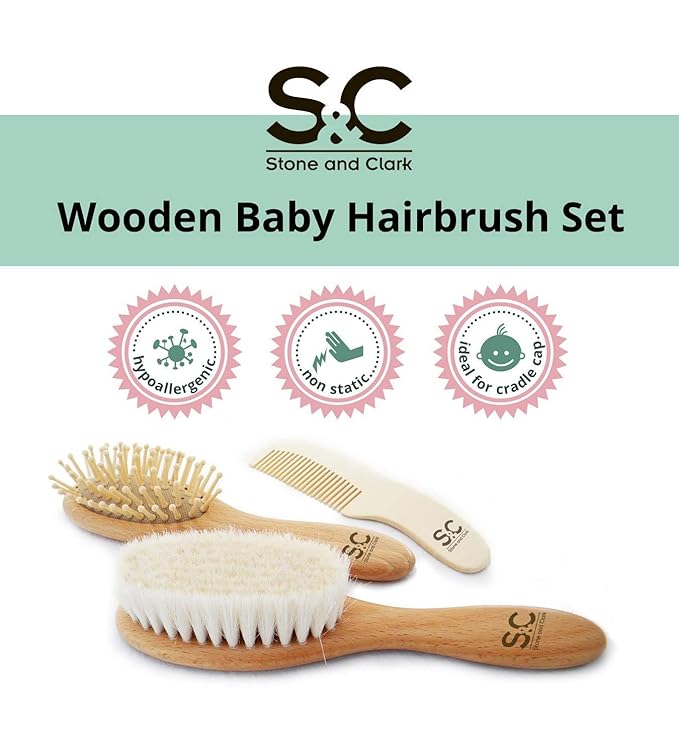 Baby Hair Brush and Baby Comb Set for Newborn, Boy and Girl - Wooden Baby Brush w/Soft Goat Bristles for Cradle Cap - Infant, Toddler Hair Brush, Baby Grooming kit, Soft Hair Brush by Stone & Clark