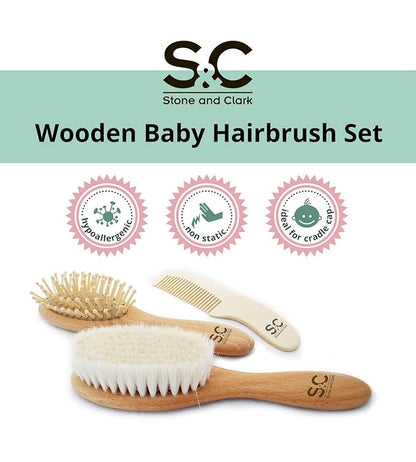 Baby Hair Brush and Baby Comb Set for Newborn, Boy and Girl - Wooden Baby Brush w/Soft Goat Bristles for Cradle Cap - Infant, Toddler Hair Brush, Baby Grooming kit, Soft Hair Brush by Stone & Clark