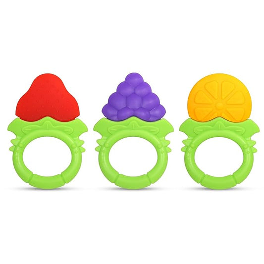 RaZbaby Fruitique Infant & Baby Massager & Teether Toy 3-Pack, Fruit-Shaped Multi-Texture Teethers Soothe Sore Gums 3M+