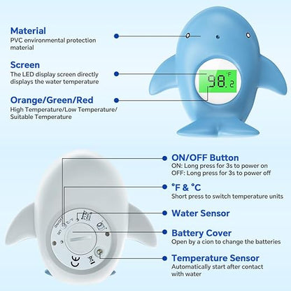 Baby Bath Thermometer, Instant Read Water Thermometer Safety with 3 Color Backlit and Temperature Warning