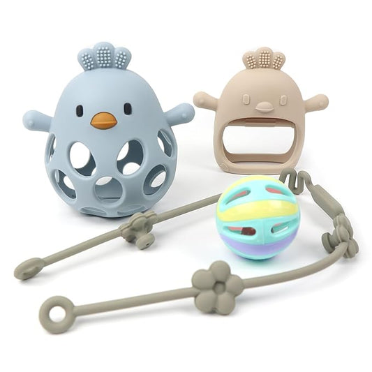 Baby Sensory 4-Piece Teething Toy Set: Hollow Chicken Teether, Mittens 6-Months (Blue/Beige)