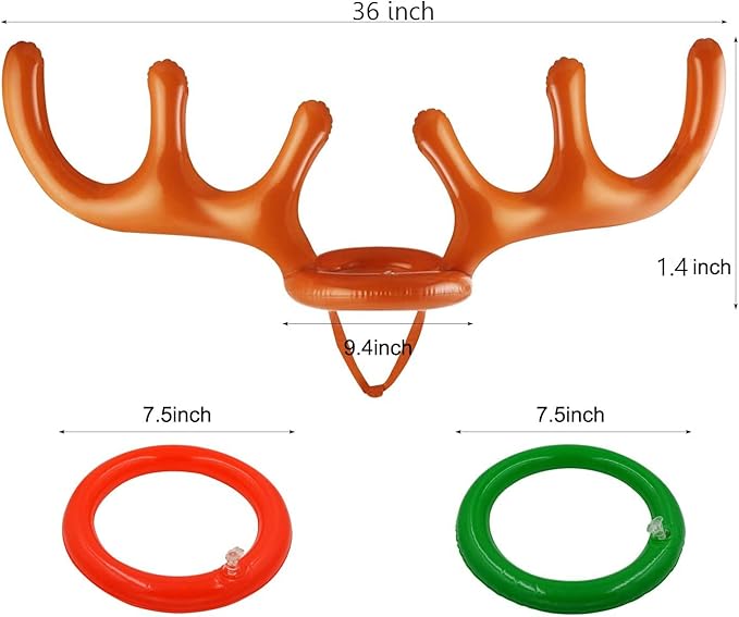 Inflatable Reindeer Antler Toss Headband Game Christmas Toy, for Kids Adults Family Christmas Party Favors Outdoor Indoor Ring Toss Xmas Games 2 Antlers 8 Rings 1 Air