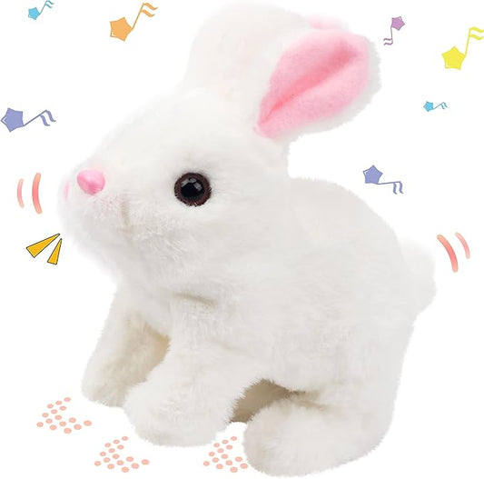 Hopearl Hopping Rabbit Interactive Electronic Pet Plush Bunny Toy with Sounds and Movements Animated Walking Wiggle Ears Twitch Nose Gift for Toddlers Birthday, White 7''