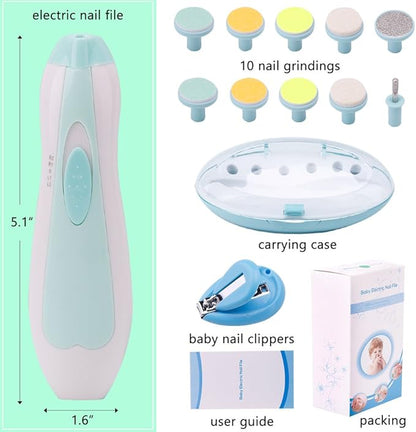 Baby Nail Trimmer Electric Nail File Baby Nail Clippers, Safe Nail Filer Grinder Kit for Newborn Infant Toddler Kids or Adults Toes Fingernails Care Trim Polish, with Led Light and 10 Grinding Heads