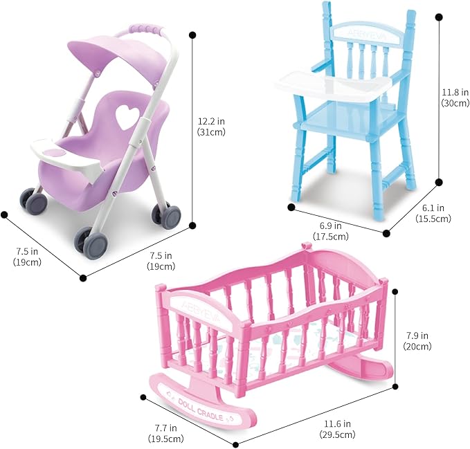 deAO Baby Doll Set Play Set includes Miniature Crib,Mobile High Chair Stroller 12PCS Baby 3+ Years