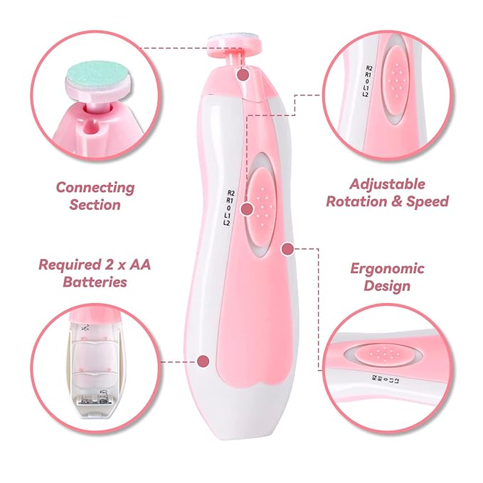 Baby Nail Trimmer File with Light - Safe Electric Nail Clippers Kit for Newborn Infant Toddler Kids Toes and Fingernails - Care, Polish and Trim - Battery Operated (AA), Pink