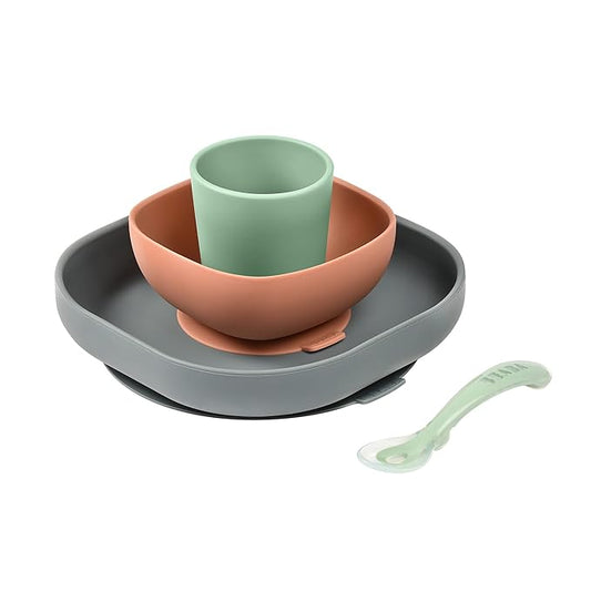 BEABA 100% Silicone 4 Piece Baby Feeding Set, Suction Plates for Baby, Includes Plate, Bowl, Cup, 2nd Stage Silicone Spoon, High Grade Food Safe Silicone, Mineral