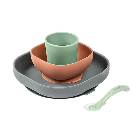 BEABA 100% Silicone 4 Piece Baby Feeding Set, Suction Plates for Baby, Includes Plate, Bowl, Cup, 2nd Stage Silicone Spoon, High Grade Food Safe Silicone, Mineral