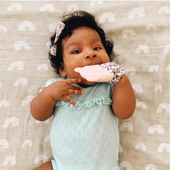 Itzy Ritzy Silicone Teething Mitt - Soothing Infant Teething Mitten w/Adjustable Strap, Crinkle Sound 3 Mos