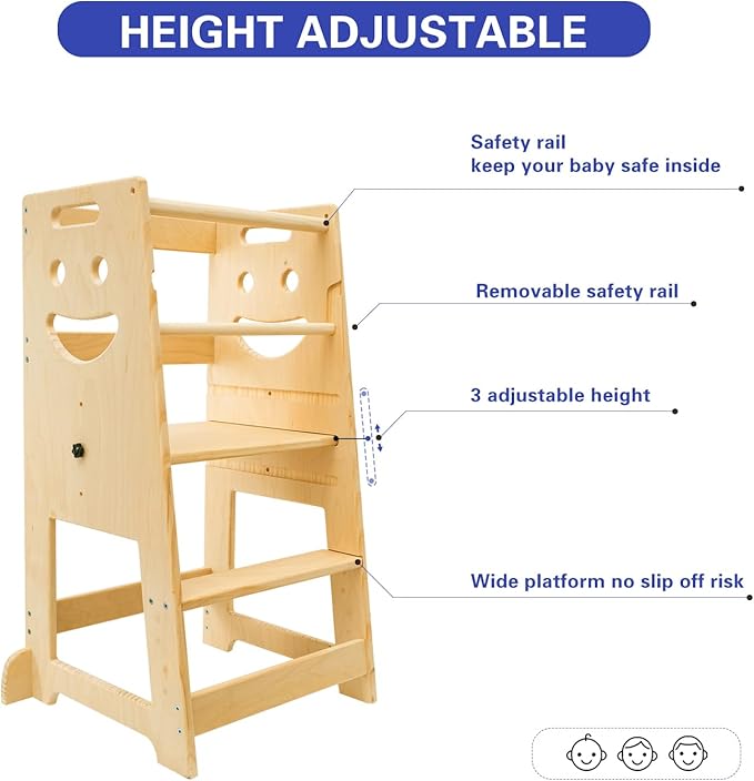 Kitchen Step Stool for Kids with Safety Rail,Toddler Stool for Kitchen Counter with Adjustable Pedal Toddler Kitchen Stool Helper