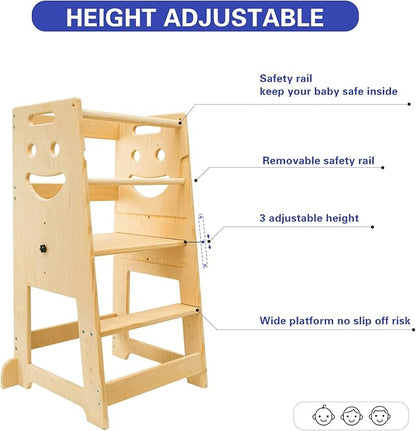 Kitchen Step Stool for Kids with Safety Rail,Toddler Stool for Kitchen Counter with Adjustable Pedal Toddler Kitchen Stool Helper