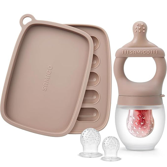SAMiGO Baby Food Fruit Feeder and Breastmilk Popsicle Mold Set, Silicone Fruit Teether 4 Months+