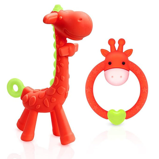 SHARE&CARE BPA Free Silicone Giraffe Baby Teether Toy with Storage Case, for 3 Months Above Infant Sore Gums Pain Relief and Baby Shower