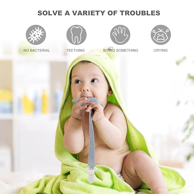 Baby Teething Toys, Dinosaur Teether Pain Relief Toy with One Piece Design Silicone Pacifier Clip Holder Set for Newborn Babies