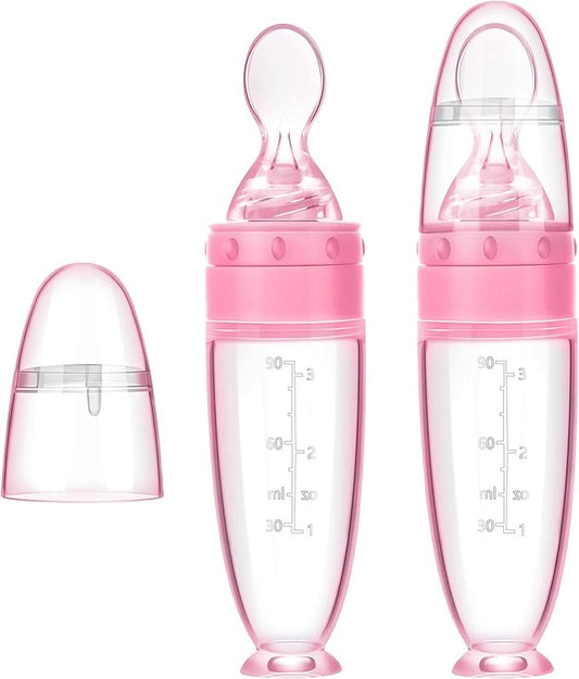 2 Pieces Silicone Baby Spoons Baby Feeding Spoon with Standing Base for Infant 0-24 Months Dispensing and Feeding (Pink)