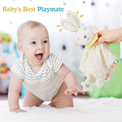 Zooawa Loveys for Babies, Security Blanket Soft Stuffed Animal Bunny Lovey Unisex Lovie Baby Stuff Snuggle Blanket with Tags Teether Bells