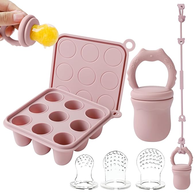 Silicone Baby Frozen Fruit Food Feeder & Baby Food Freezer Tray & Silicone Toy Strap Combo, Breastmilk Popsicle Molds for Teething Baby 3 Months+