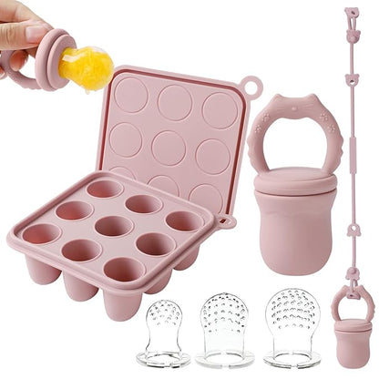 Silicone Baby Frozen Fruit Food Feeder & Baby Food Freezer Tray & Silicone Toy Strap Combo, Breastmilk Popsicle Molds for Teething Baby 3 Months+
