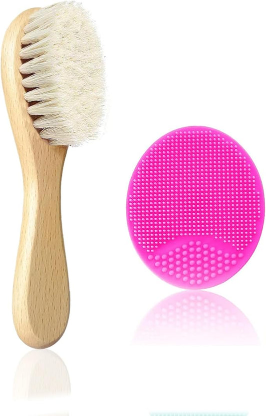 Baby Hair Brush, Goat Bristles Brush and Rose Red Baby Silicone Brush Set for Cradle Cap Wood Bristle Brush for Newborns and Toddlers (2 Piece)