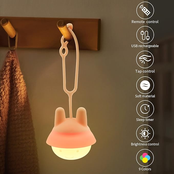 Night Light for Baby Car Seat - Dimming Function 9 Colors Changing Eye Caring soft light Rechargeable & Timing Bedside Lamp Light Up Toddler Bed Room Travel Essentials Squishy Silicone Infant BPA Free