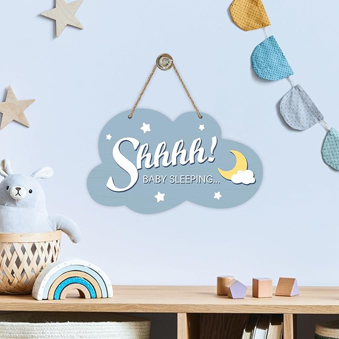 Shhhh Baby Sleeping Front Door Sign, Blue Cloud Wood Door Hanger Outdoor Outside Porch Nursery Decor