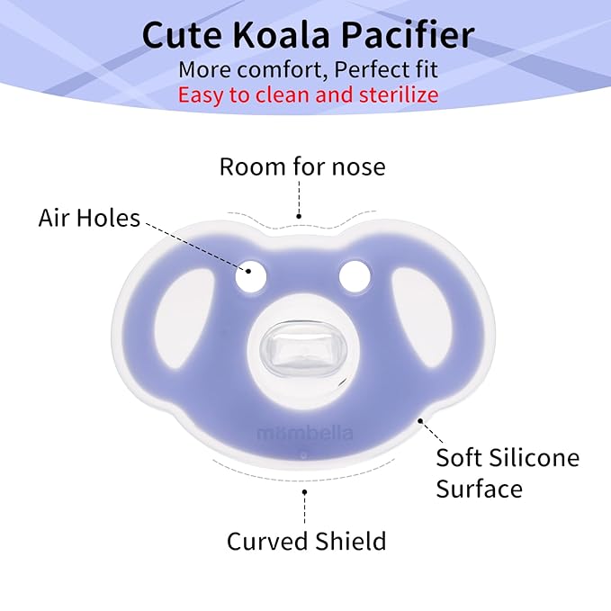 Mombella Koala Pacifiers 0 Months+, Silicone Baby Pacifier for Breastfed Babies 2 Pack