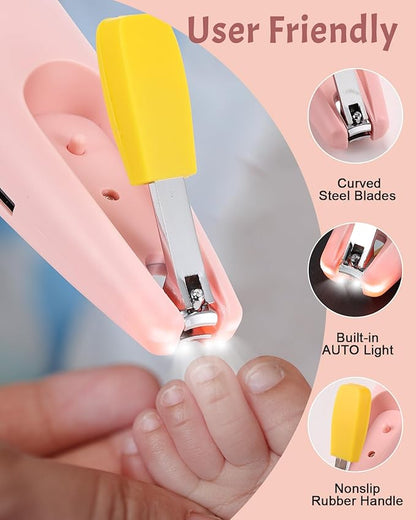 Lictin 2 in 1 Baby Nail Trimmer Electric, Safe Baby Nail File Kit Rechargeable, Baby Nail Clippers with Auto Light for Newborn, Infant, Toddler, Kids, 10 Replacement Grinding Heads, Trim and Polish