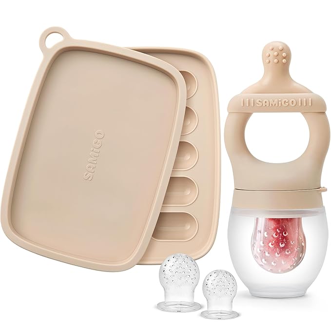 SAMiGO Baby Food Fruit Feeder and Breastmilk Popsicle Mold Set, Silicone Fruit Teether 4 Months+