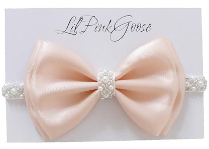 0-12 Newborn Baby Baptism Pearl Headband with Bow in WHITE Christening Headband with Satin Bow, Pearl Rhinestone Band (Peach(6-12Months) 6-12Months)