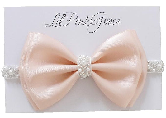 0-12 Newborn Baby Baptism Pearl Headband with Bow in WHITE Christening Headband with Satin Bow, Pearl Rhinestone Band (Peach(6-12Months) 6-12Months)