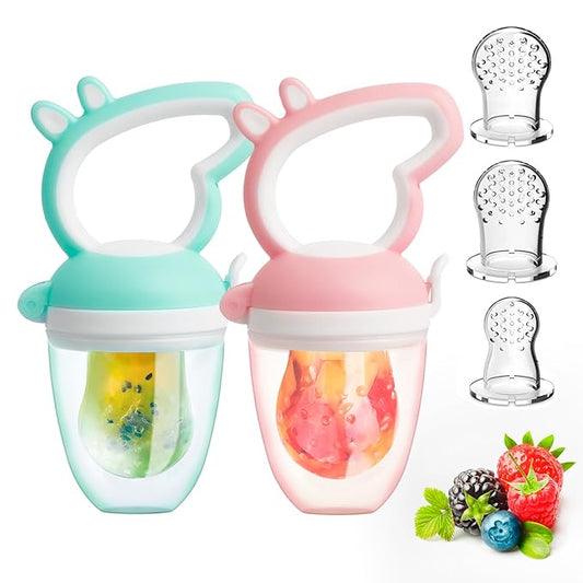 Baby Solids/Frozen Fruit Feeder Pacifier, Infant Teether Toy 4M+, BPA-Free Silicone Pouch & Nipple, Safely Introduce Solids, Teething Relief, 2-Pack (Piglet - Green Pink, S/M/L)