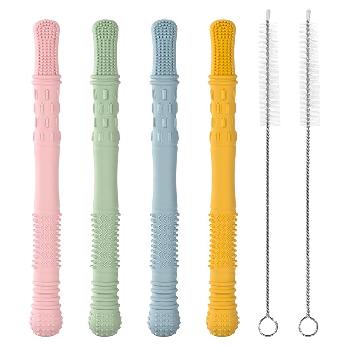 Baby Teething Tubes Teether Sticks, 4 Pack Silicone Hollow Teething 6-12 Months