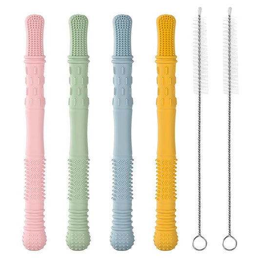 Baby Teething Tubes Teether Sticks, 4 Pack Silicone Hollow Teething 6-12 Months