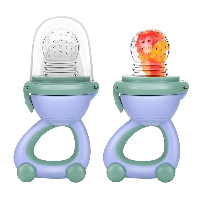 Baby Fruit Food Feeder Pacifier - Fresh Fruit Teething Toy 6M+, BPA Free Safely Introduce Solids Teething Relief Toy Includes Add Silicone Sacs 2-Pack (Blue)