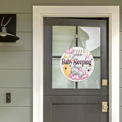 Deroro Shhh Baby Sleeping Front Door Sign, Elephant Moon Pink Cloud Stars Wood Door Hanger Outdoor Porch Nursery Decor