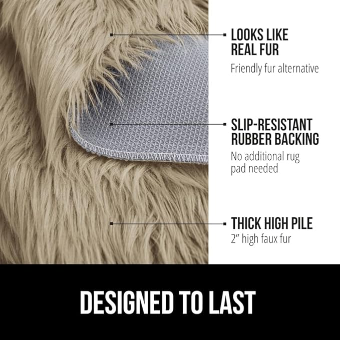 Gorilla Grip Fluffy Faux Fur Rug, 6x9, Machine Washable Soft Furry Area Rugs, Rubber Backing, Plush Floor Carpets for Baby Nursery, Bedroom, Living Room Shag Carpet, Luxury Home Decor, Beige
