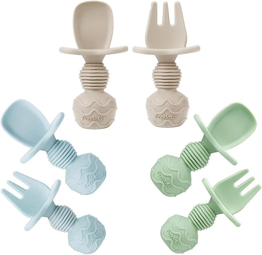 PandaEar 6 Pack Silicone Baby Spoons and Fork Feeding Set- Anti-Choke First Self Feeding Utensils for Baby Led Weaning Ages 3 Months (Blue, Green&Tan)