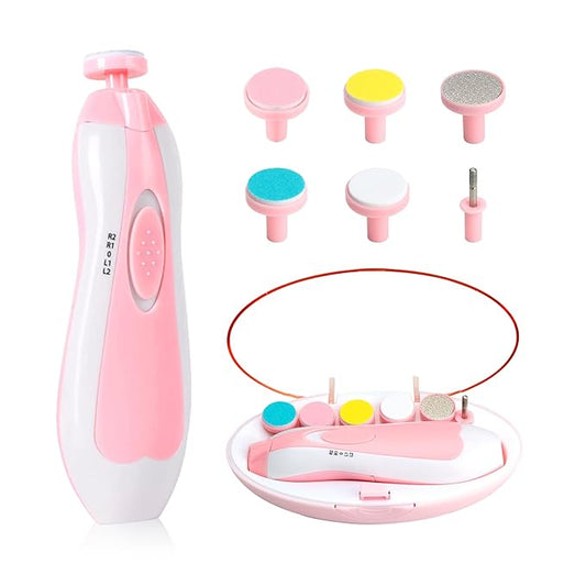 Baby Nail Trimmer File with Light - Safe Electric Nail Clippers Kit for Newborn Infant Toddler Kids Toes and Fingernails - Care, Polish and Trim - Battery Operated (AA), Pink