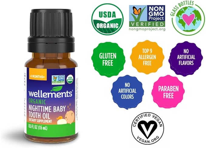 Wellements Organic Nighttime Baby Tooth Oil. Soothing Massage Oil 0.5 Fl 4 Months